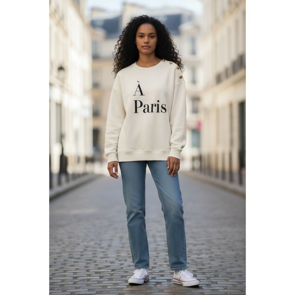 H&M Women's À Paris Graphic Sweatshirt Cream Color Fleece Lining Button Shoulder